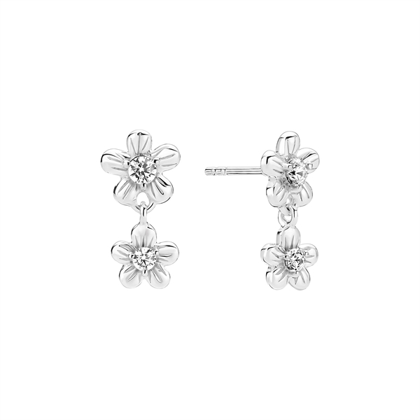 Sterling silver earrings with two linked floral designs, each flower featuring a central zirconia stone.