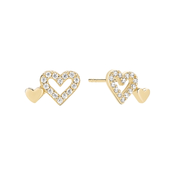 Gold earrings with a double heart design; one heart has clear stones, the other is solid gold.