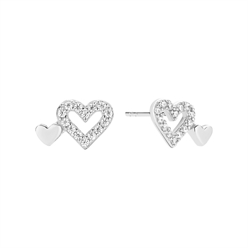 Sterling silver double heart stud earrings; larger sparkling heart with stones, smaller solid heart.