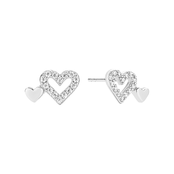 Sterling silver double heart stud earrings; larger sparkling heart with stones, smaller solid heart.