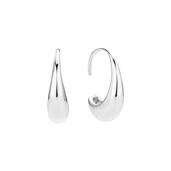 Sterling silver droplet-shaped earrings with a polished finish and open hook attachment.