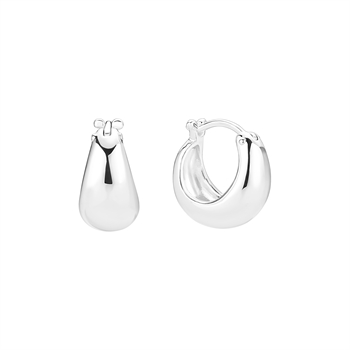 Polished sterling silver creole earrings, one open with clasp, one closed, smooth and shiny surface.