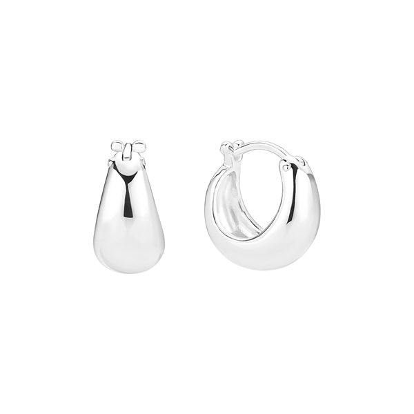 Polished sterling silver creole earrings, one open with clasp, one closed, smooth and shiny surface.