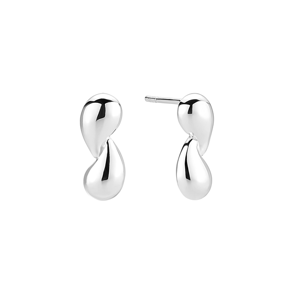 Double teardrop sterling silver earrings with a smooth, reflective surface and attached posts.