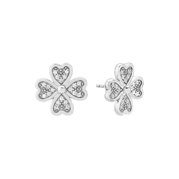 Sterling silver four-leaf clover earrings with heart-shaped, stone-studded leaves and shiny finish.