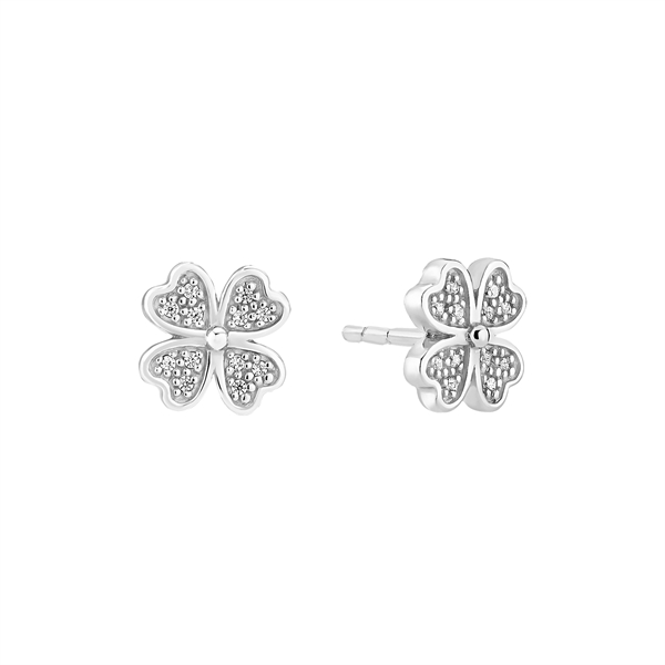 Sterling silver four-leaf clover stud earrings with heart-shaped leaves and sparkling stones.