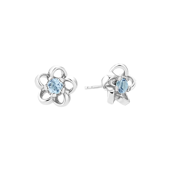 Flower-shaped sterling silver earrings with central blue topaz gemstone and post-back design.
