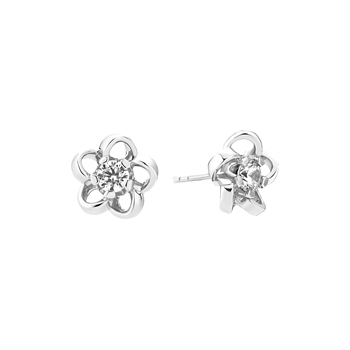 Sterling silver flower-shaped earrings with central zirconia stone and reflective finish.