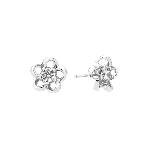 Sterling silver flower-shaped earrings with central zirconia stone and reflective finish.