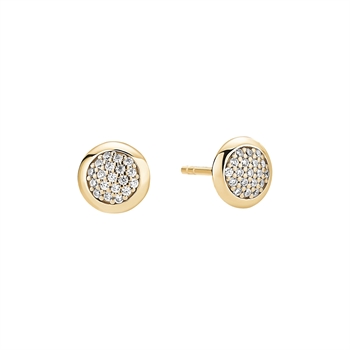 Gold circular stud earrings with clear stones, featuring a visible post.