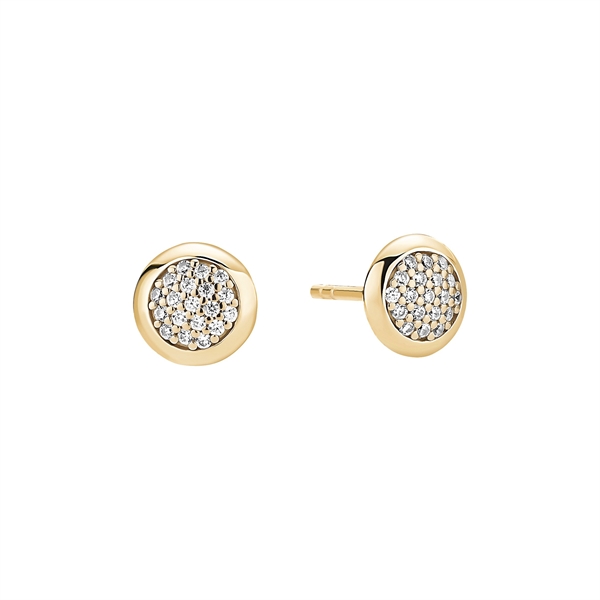 Gold circular stud earrings with clear stones, featuring a visible post.