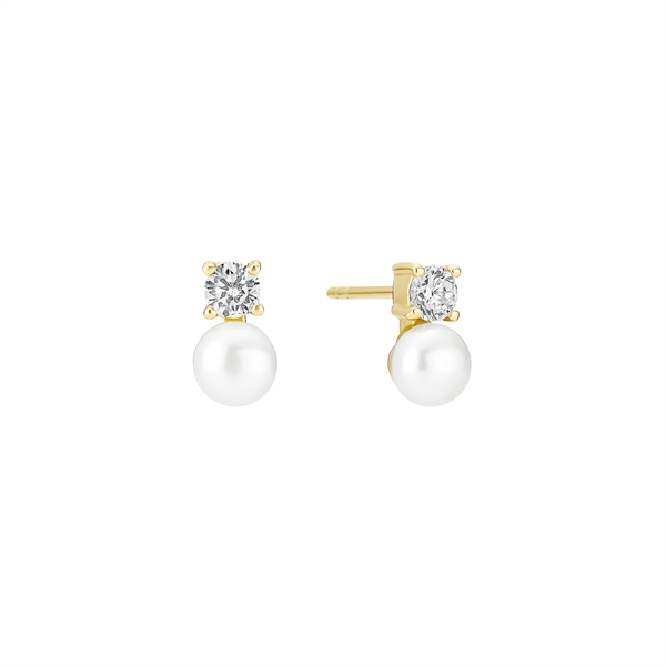 Stud earrings with white pearls, clear stones above, set in gold-colored metal.