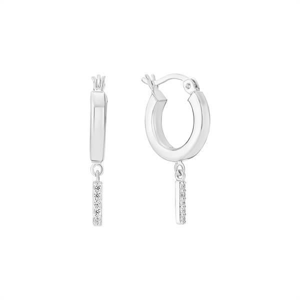 Sterling silver hoop earrings with dangling zirconia-encrusted bars, smooth and shiny finish.