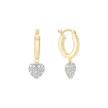 Gold hoop earrings with sparkling heart-shaped pendants adorned with clear stones.