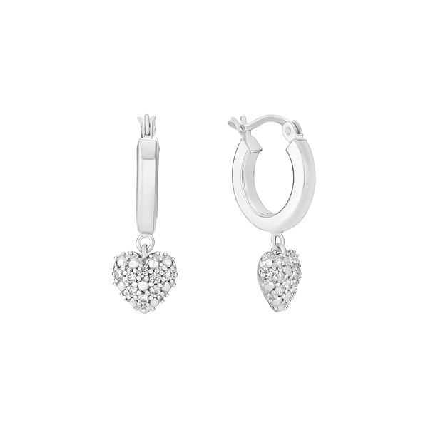 Sterling silver hoop earrings with dangling heart charms, encrusted with sparkling stones.