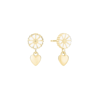 Daisy-shaped earring with dangling matte heart, gold-plated silver, 7.5mm in size.