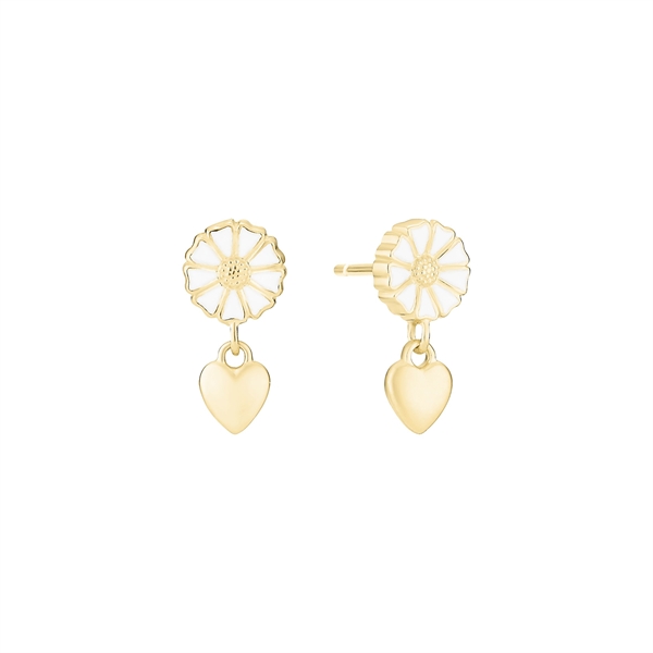 Daisy-shaped earring with dangling matte heart, gold-plated silver, 7.5mm in size.