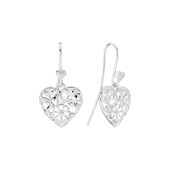 Heart-shaped earrings with floral design, hook style, and small heart detail at the top.