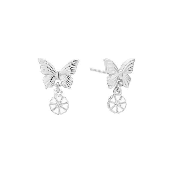 Sterling silver butterfly earrings with dangling daisy flower, shiny and detailed design.
