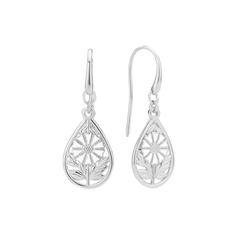 Sterling silver teardrop earrings with floral pattern, featuring central flower and leaf motifs.