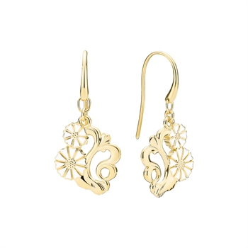 Gold-plated silver earrings with a hook design, featuring intricate floral filigree and polished shine.