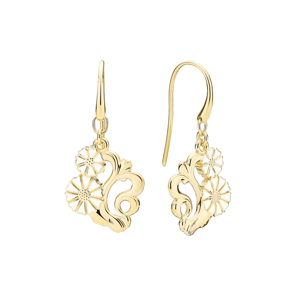 Gold-plated silver earrings with a hook design, featuring intricate floral filigree and polished shine.
