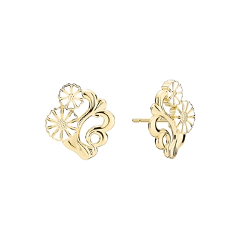 Gold earrings with two floral designs and swirling patterns, polished for a shiny finish.