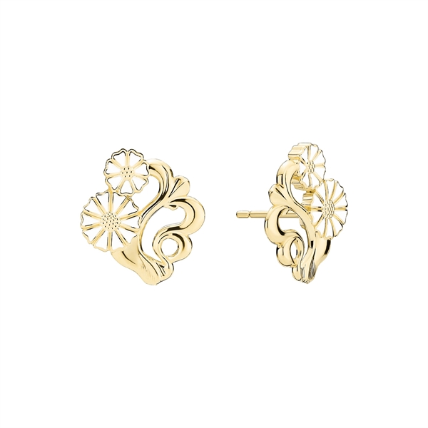 Gold earrings with two floral designs and swirling patterns, polished for a shiny finish.