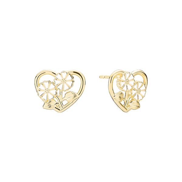 Gold heart-shaped earrings with floral design, featuring flowers and leaves in a symmetrical style.