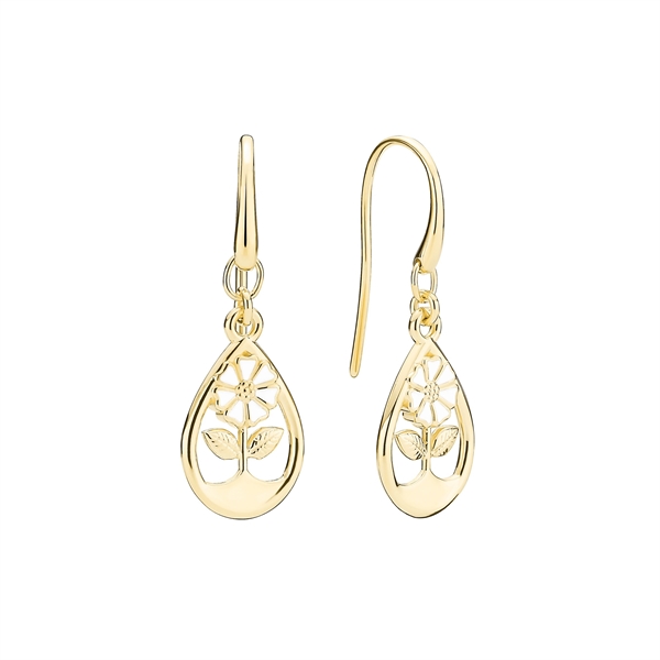 Gold teardrop earrings with flower and leaves, dangle style, shiny finish.