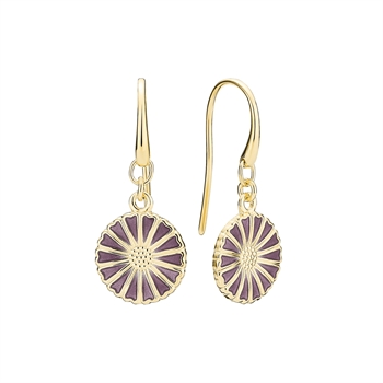 Gold earrings with purple petal floral design and hook attachment, circular and radiant.