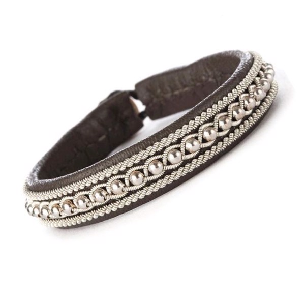 BeChristensen Hella Handwoven Sami Bracelet in Brown with Silver Beads, 19 cm