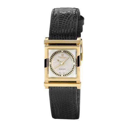 Gold women’s square watch in black leather