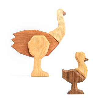 Fablewood set - Ostrich and cub - Wooden figure composed with magnets