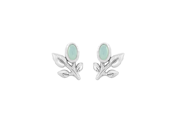 Silver earrings with branch design, two leaves, and oval top element. Symmetrical and elegant.