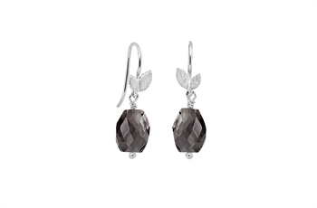 Silver earrings with dark faceted bead, leaf detail, and hook fastening.