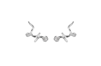 Silver earrings with a twisted, wavy design and two small shiny circular accents on each earring.