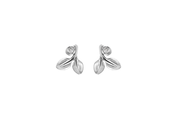 Silver earrings with circular gemstone tops and two leaf-like shapes below, symmetrical design.
