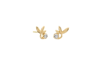 Gold earrings with three-leaf design and a small round gemstone at the base.