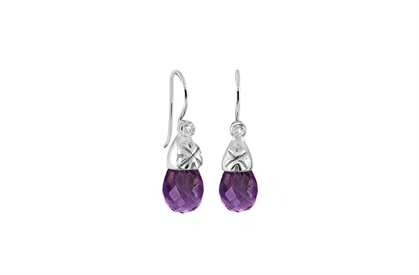 Teardrop purple gemstone earrings with decorative metallic components above the faceted stones.