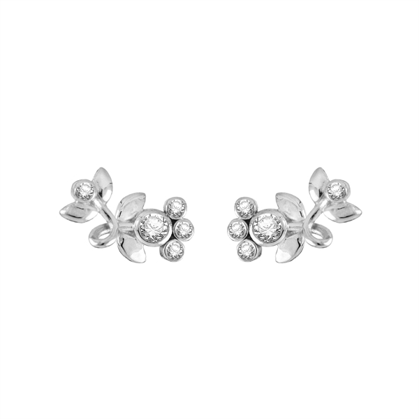 Floral earrings with central stone, surrounded by smaller stones and leaf-like metallic elements.
