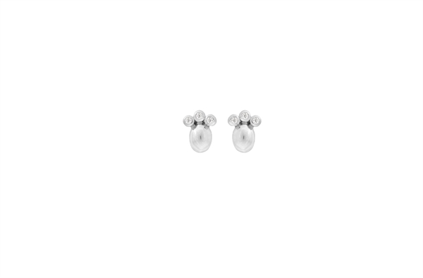 Silver stud earrings with smooth oval base and three round decorative elements on top, compact design.