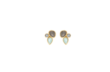 Gold earrings with teardrop blue, round clear, and dark irregular stones.