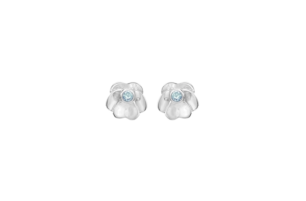 Silver pansy-shaped earrings with light blue central stones and petal-like details surrounding them.