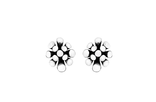 Silver earrings with shiny, symmetrical cluster design featuring rounded protrusions.