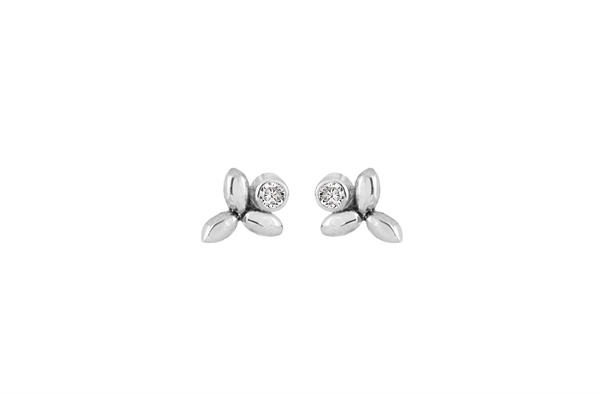 Earrings with three petal shapes and a central sparkling stone, smooth and reflective surface.