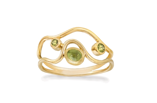 Gold ring with wavy, open bands and three green stones; largest centered, smaller stones flanking.