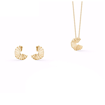 Gold earrings and pendant with fan-like, ridged design; pendant on a delicate chain.