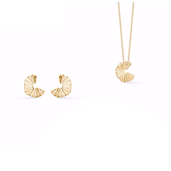 Gold earrings and pendant with fan-like, ridged design; pendant on a delicate chain.