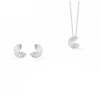 Spiral design pendant and earrings with textured surface, matching set on a delicate chain.
